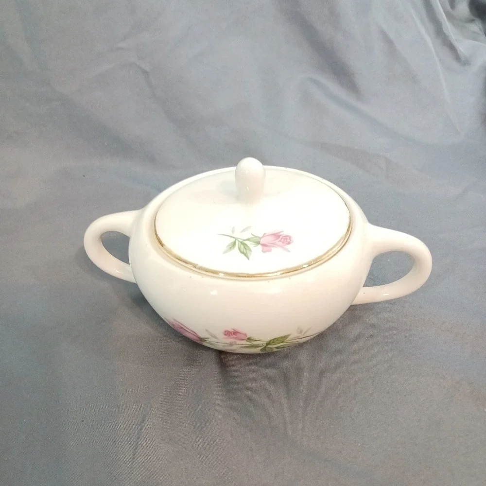 Vintage Sugar Bowl White Excellent Pink Rose Gold Trim Vintage